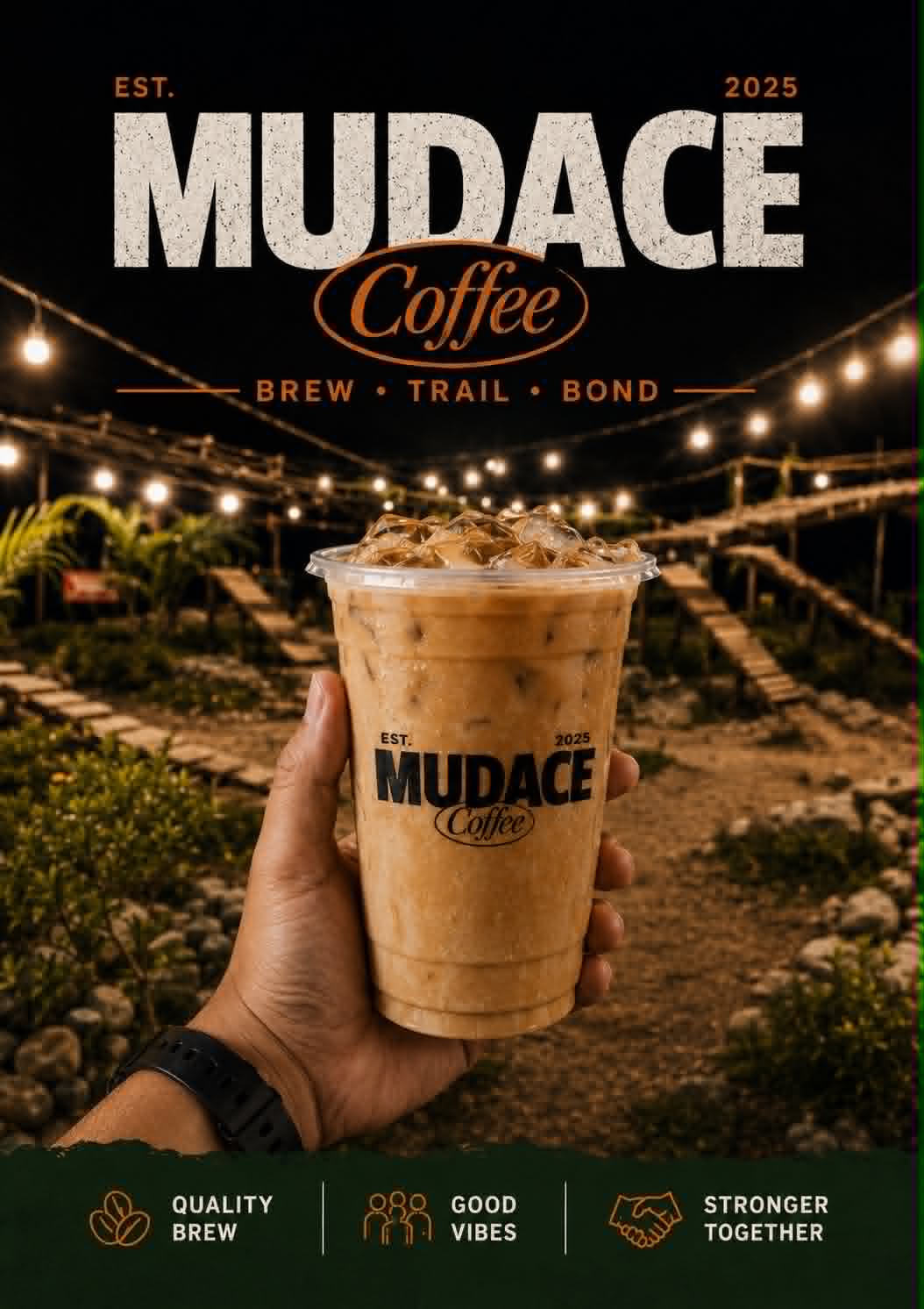 Mudace Coffee iced drink with RC Park in background