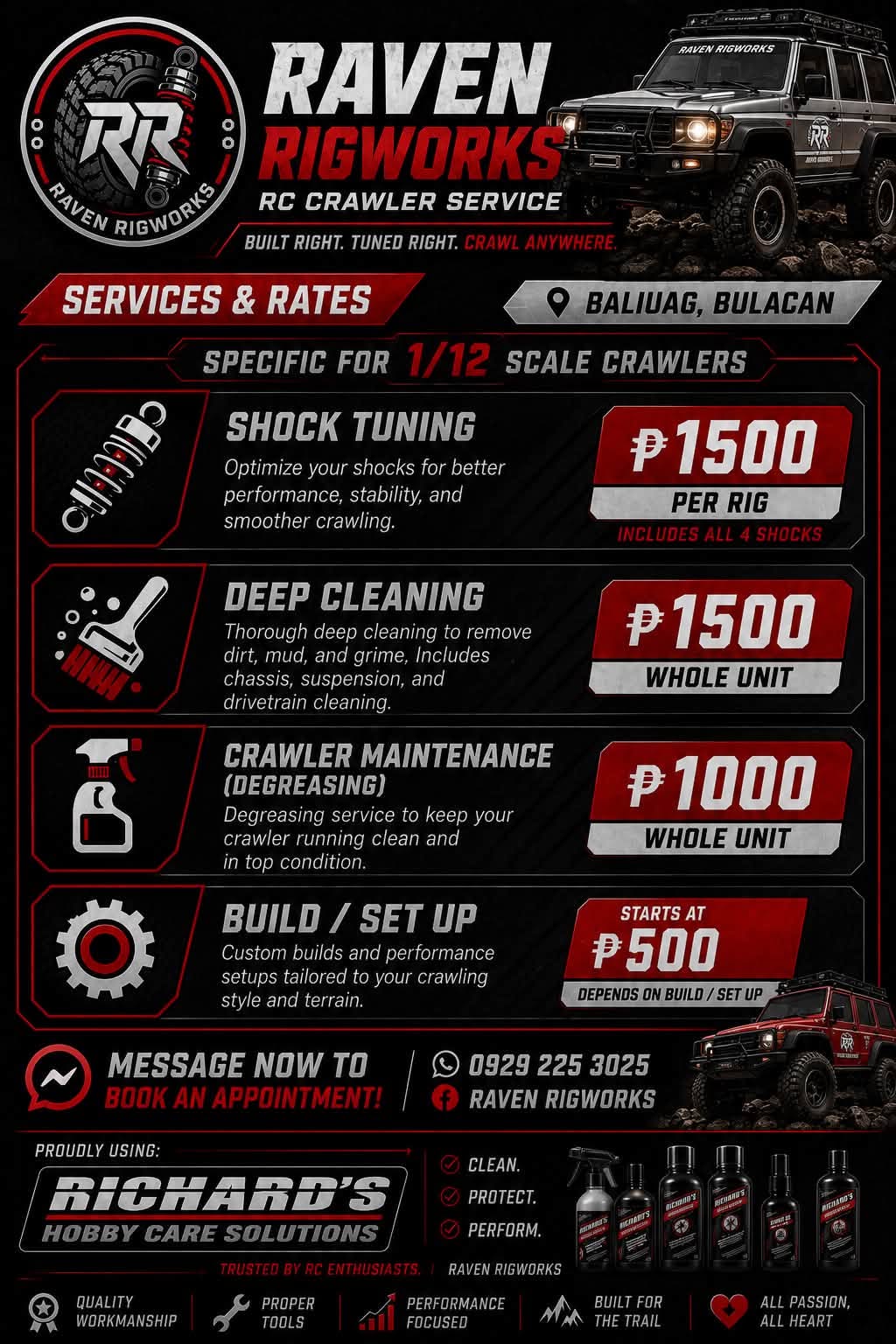Raven Rigworks 1/12 scale RC crawler service package pricing board showing shock tuning deep cleaning and degreasing rates