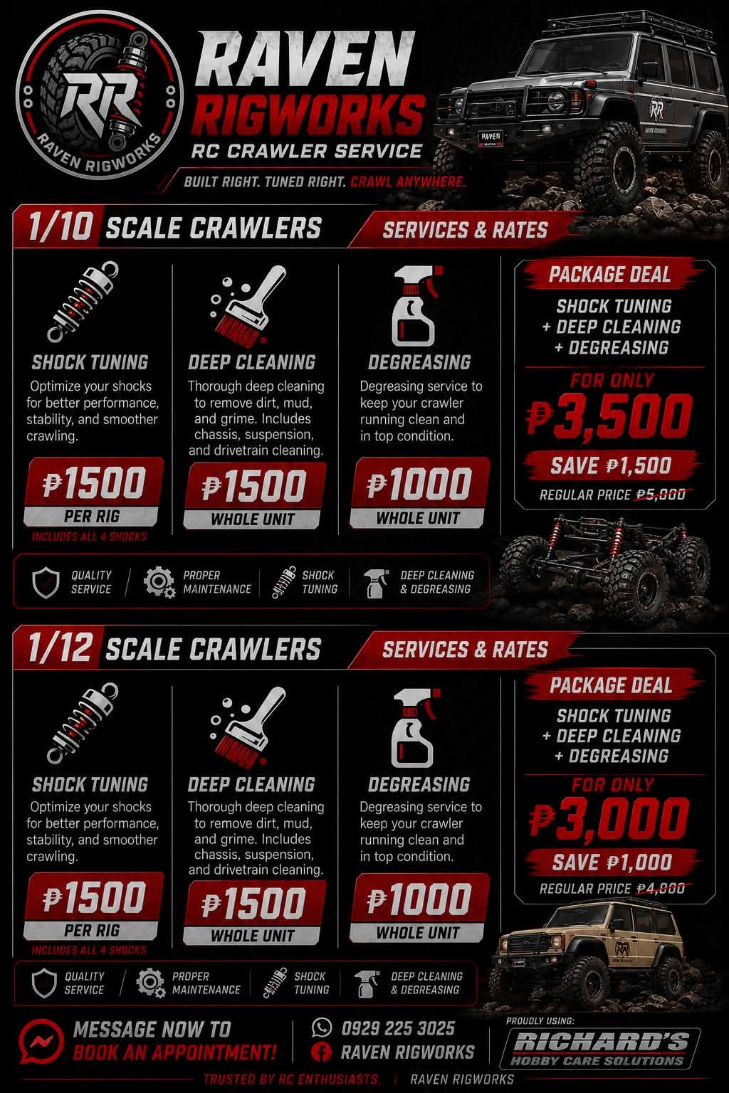 Raven Rigworks 1/10 scale RC crawler service package pricing board showing full package deals and individual service rates in Philippines pesos